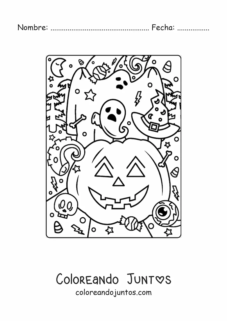 Imagen para colorear de calabaza de Halloween bonita con fantasma y dulces