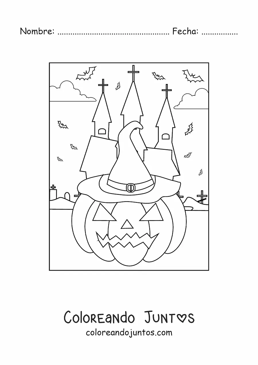 Imagen para colorear de calabaza de Halloween sencilla con sombrero y murciélagos