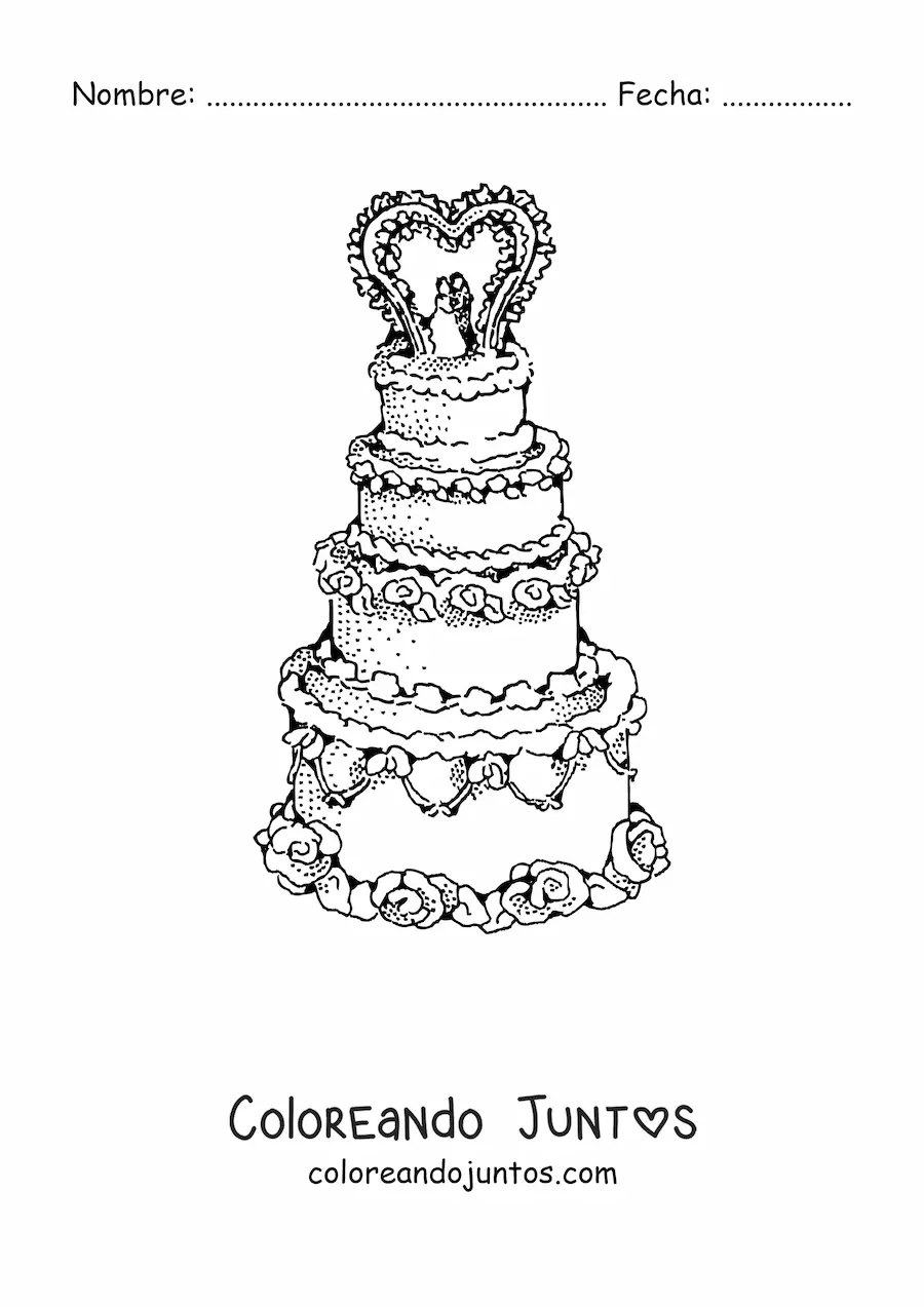 Imagen para colorear de un pastel de boda adornado con un corazón