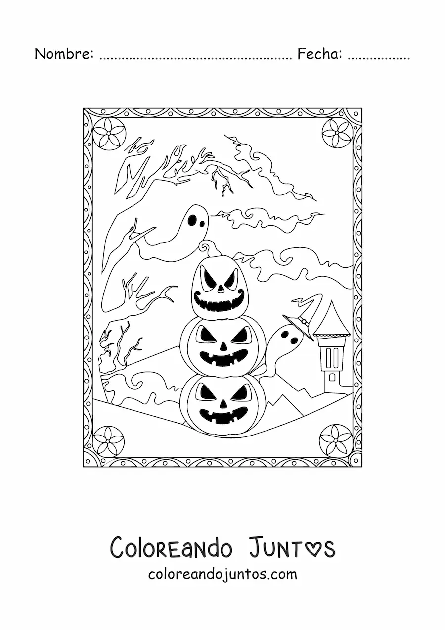 Imagen para colorear de calabazas de Halloween aterradoras con fantasmas