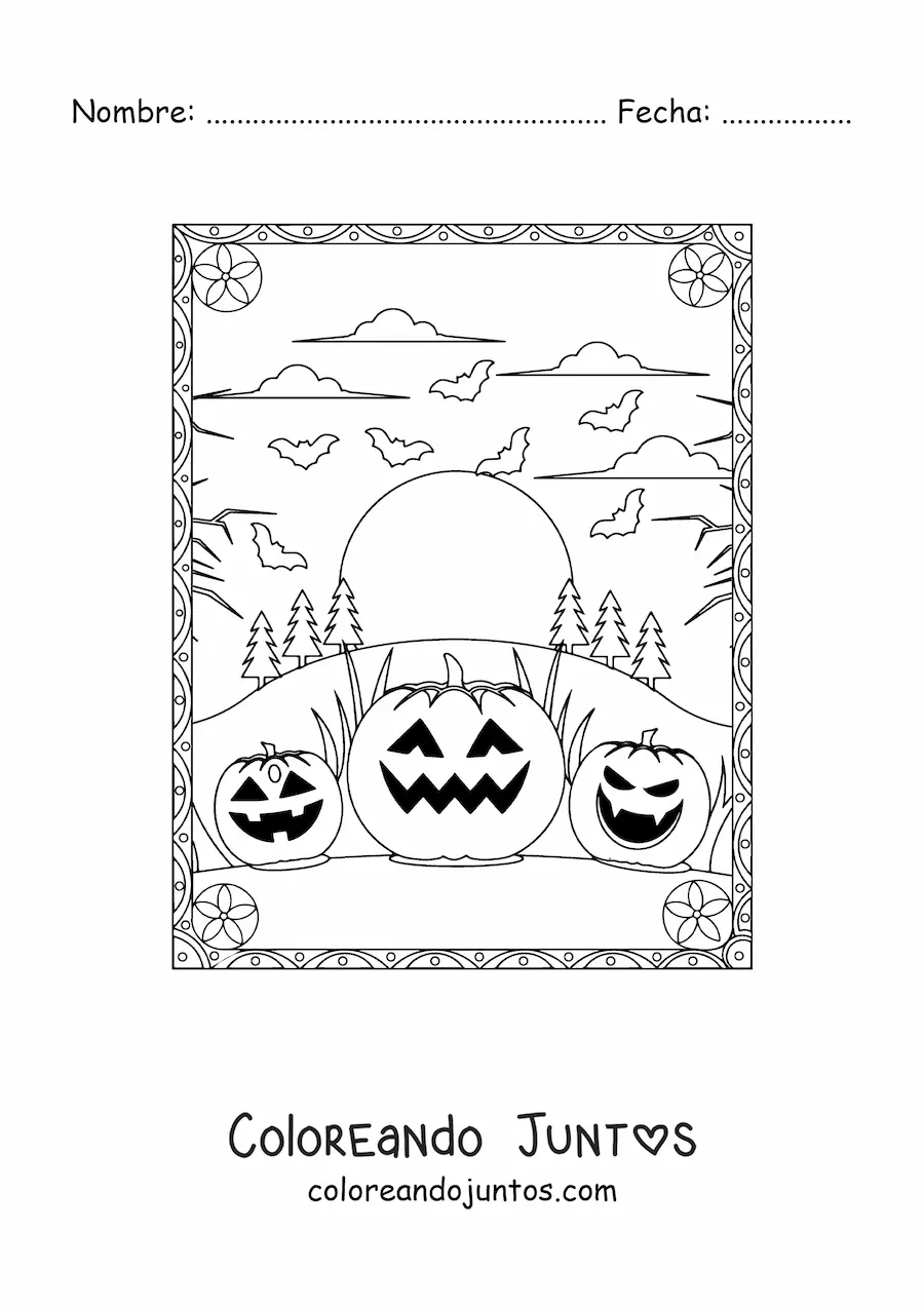 Imagen para colorear de calabazas de Halloween aterradoras con murciélagos