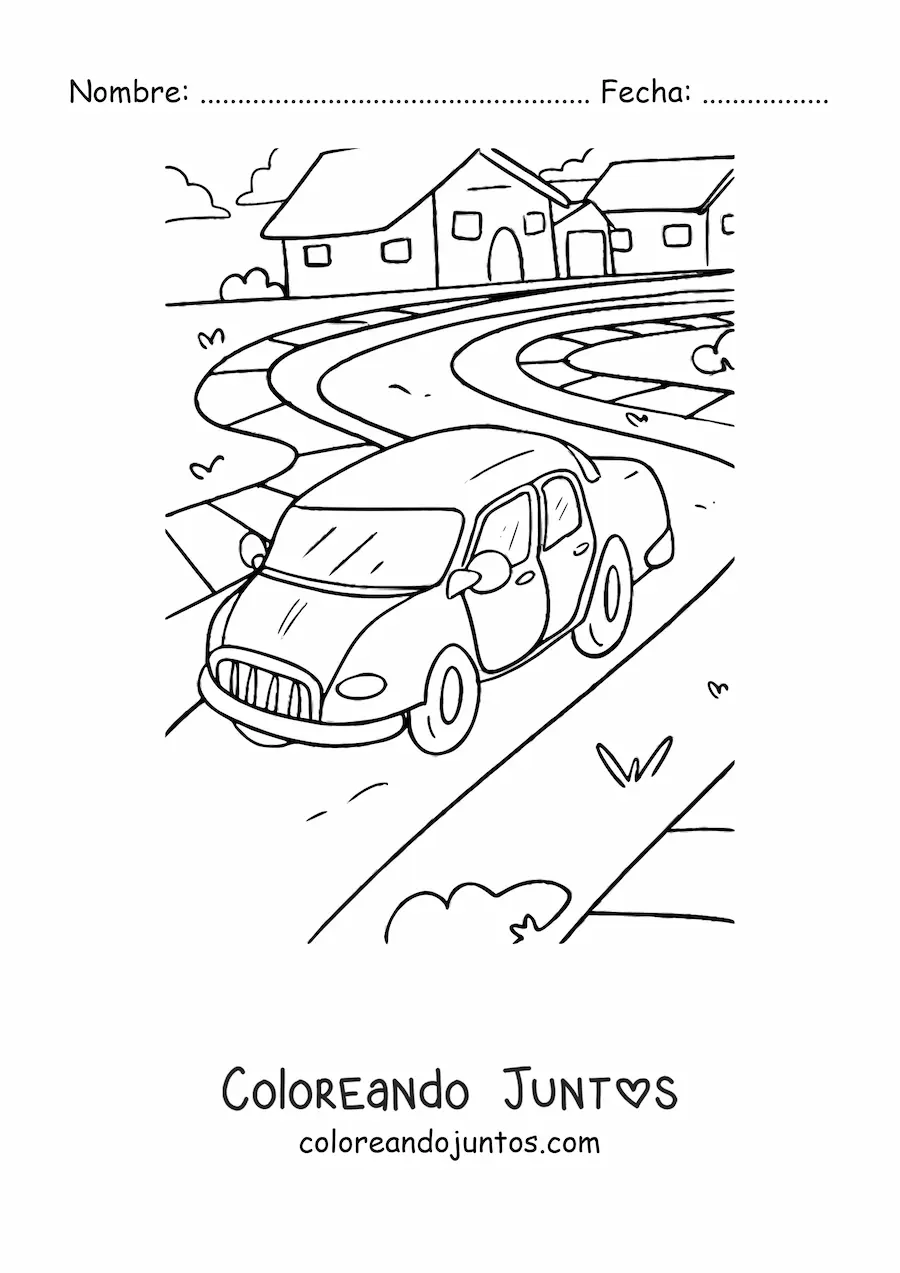Imagen para colorear de un auto en una carretera con casas de fondo