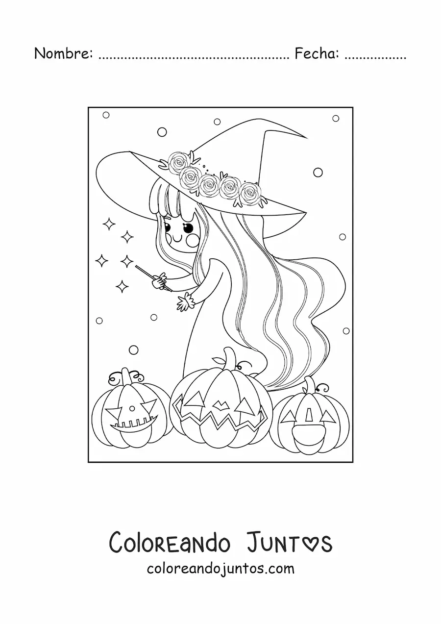 Imagen para colorear de bruja kawaii con calabazas de Halloween