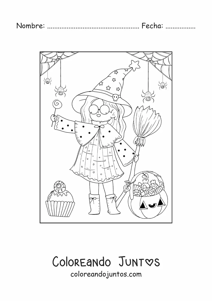 Imagen para colorear de bruja de Halloween kawaii con dulces