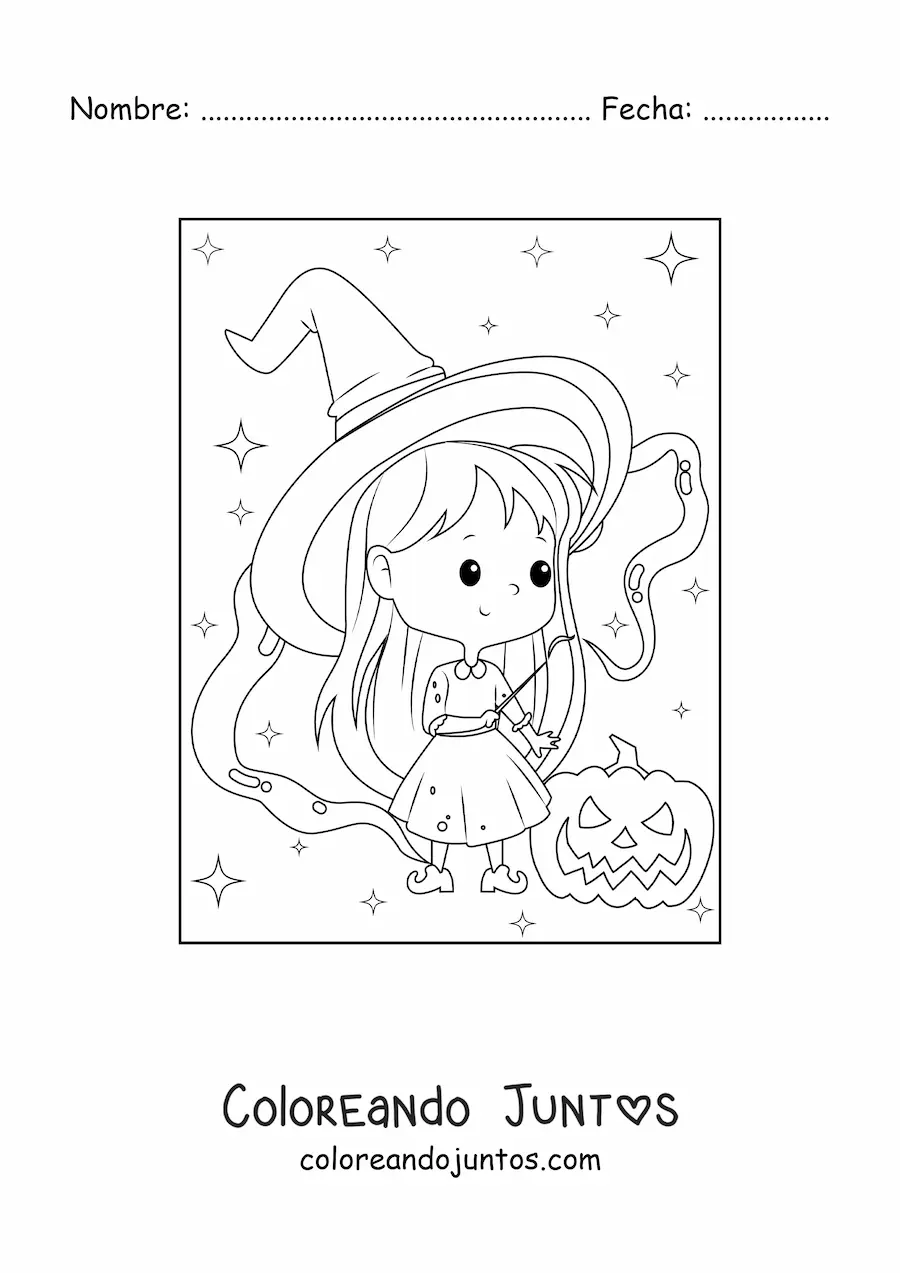 Imagen para colorear de bruja de Halloween kawaii con calabaza