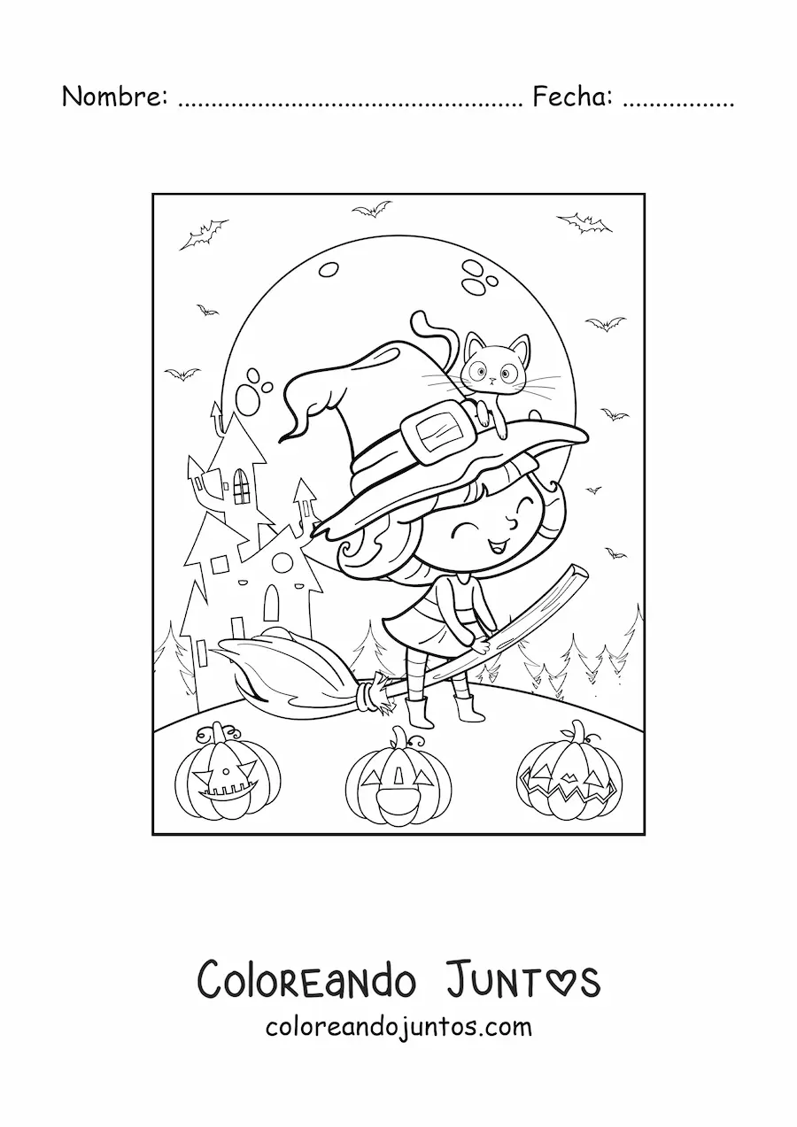 Imagen para colorear de bruja buena kawaii volando en escoba con gato