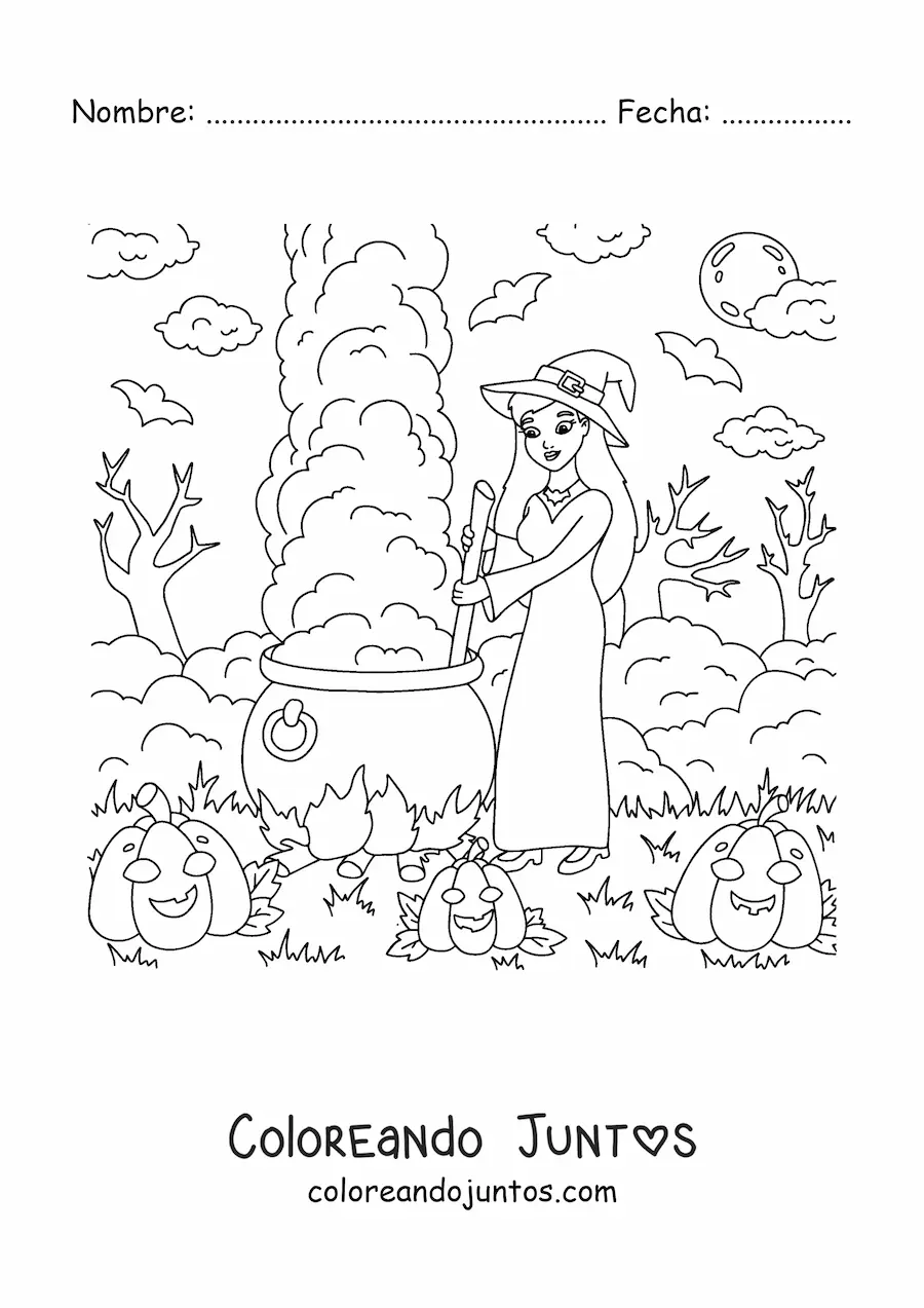 Imagen para colorear de bruja bonita con caldero