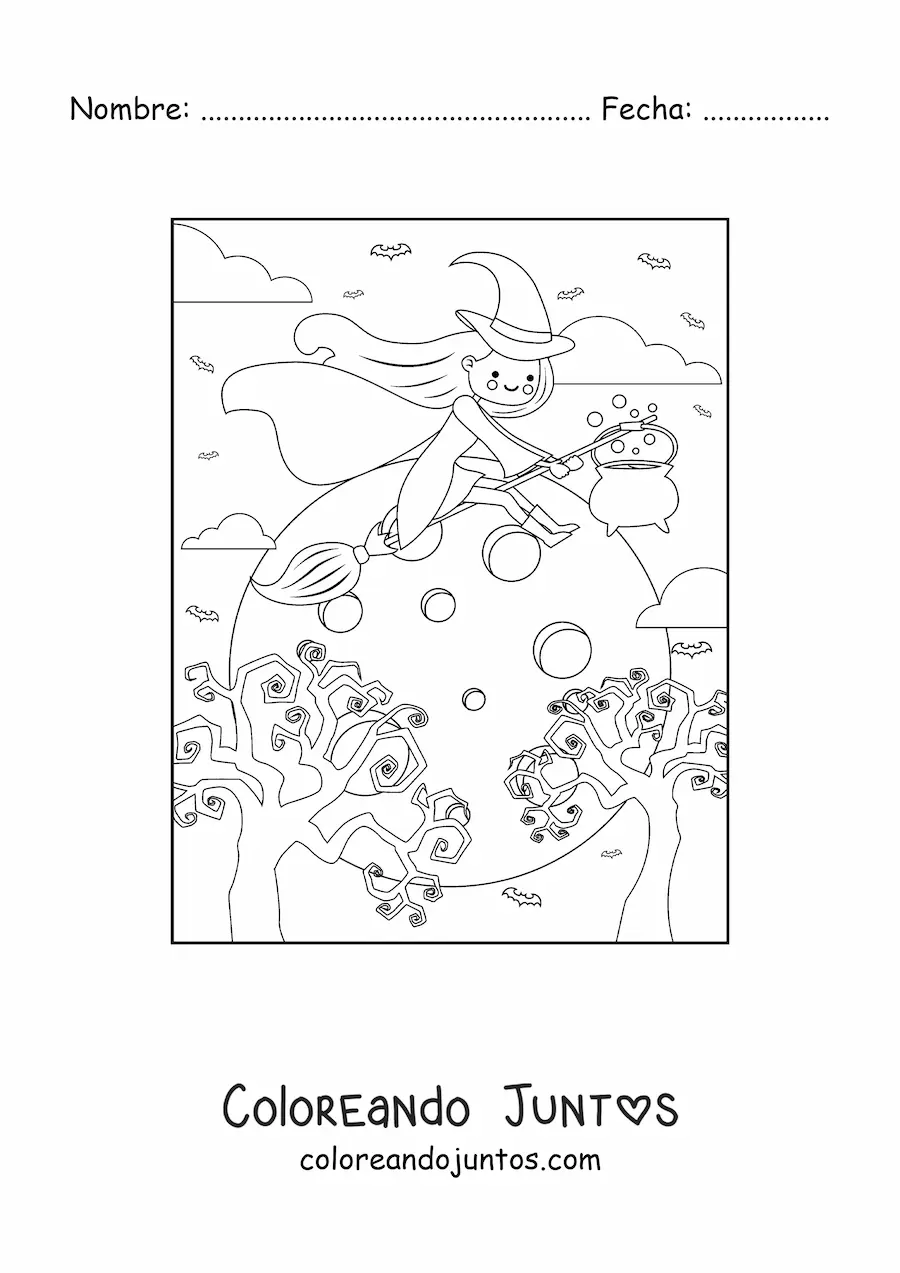 Imagen para colorear de brujita animada kawaii volando con Luna llena