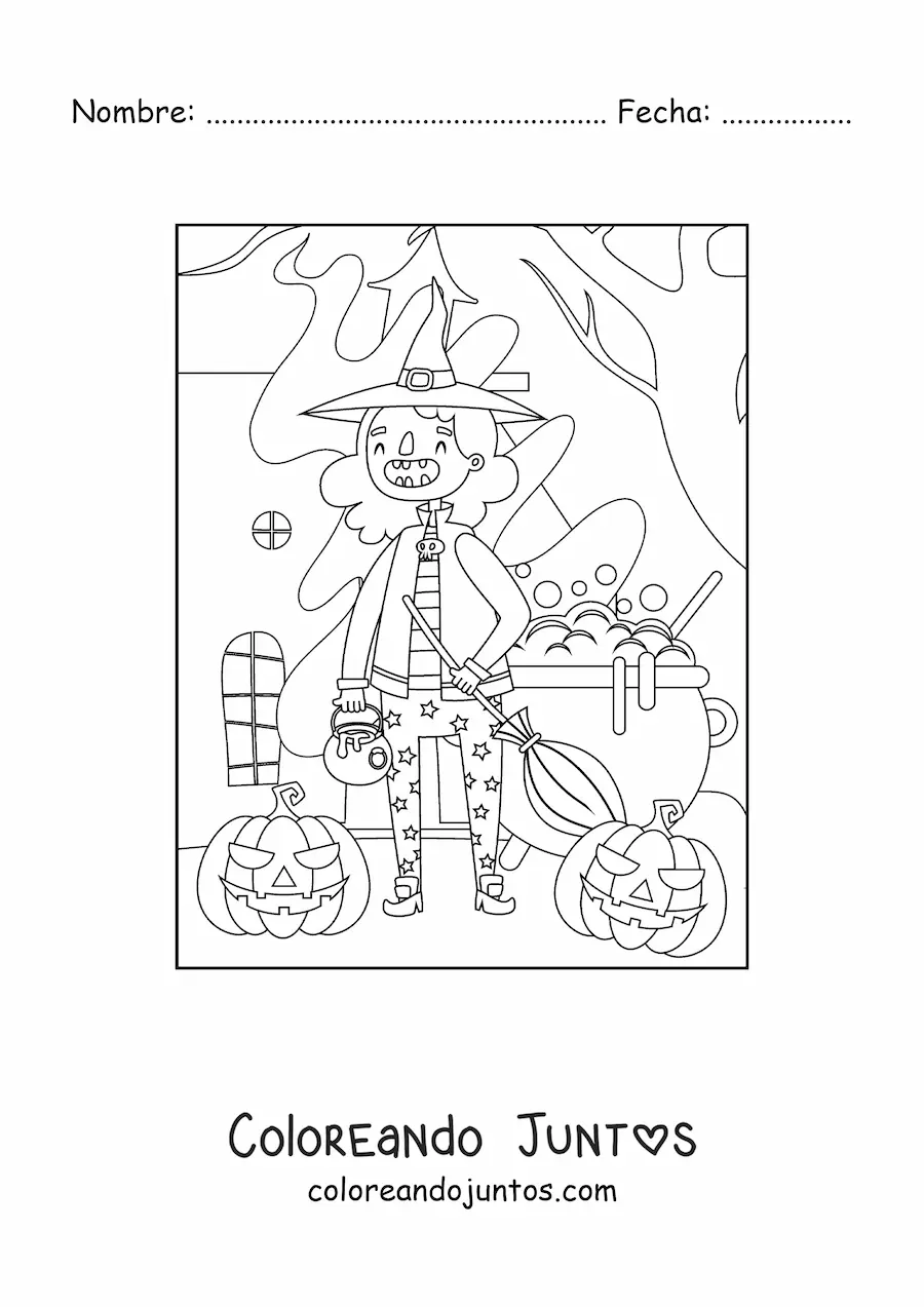 Imagen para colorear de brujita animada con caldero