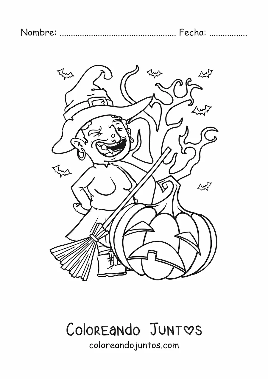 Imagen para colorear de bruja fea en caricatura con calabaza de Halloween