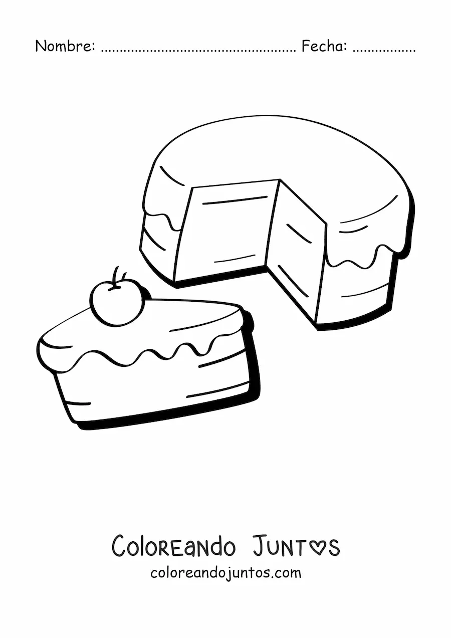 Imagen para colorear de un pastel y una rebanada de pastel con cereza