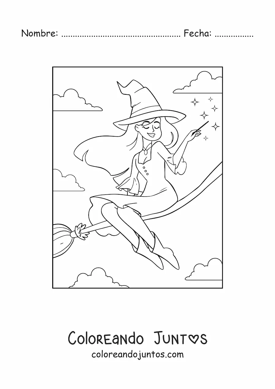 Imagen para colorear de bruja hechicera bonita volando en escoba