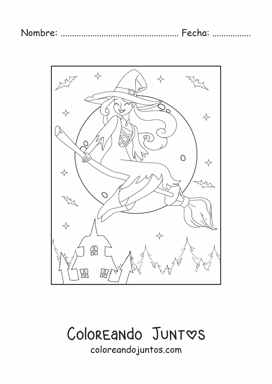Imagen para colorear de bruja bella volando con Luna llena