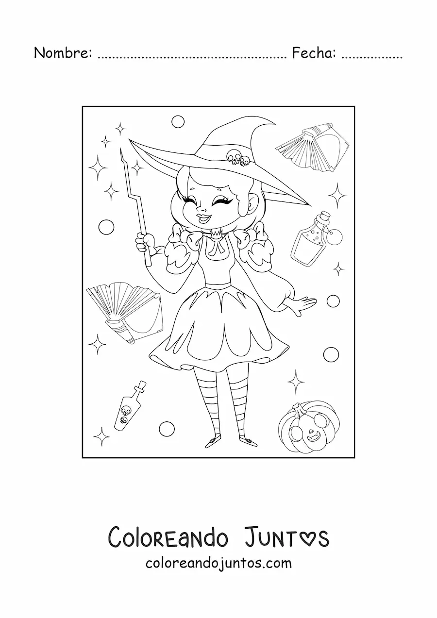 Imagen para colorear de bruja bonita animada riendo