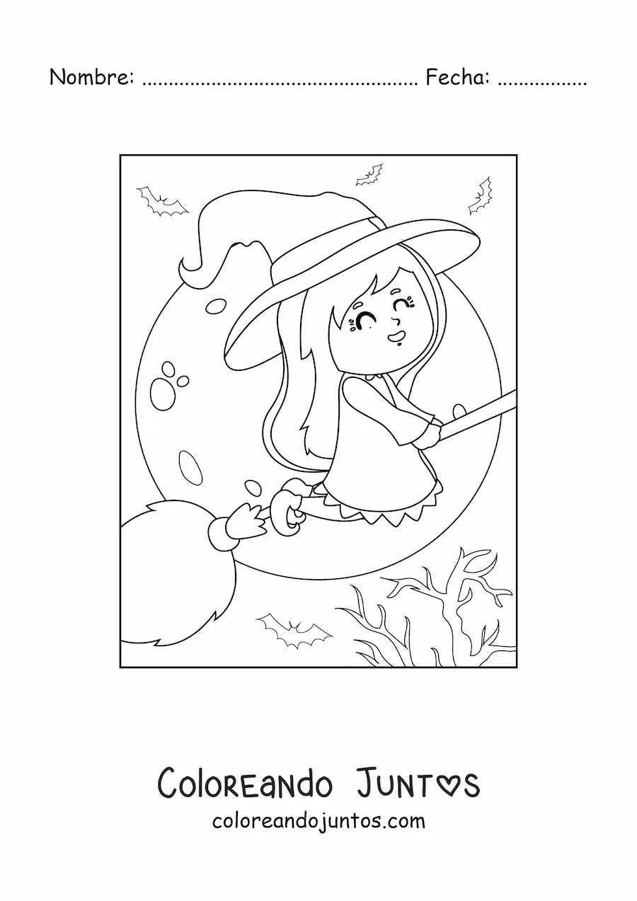 Imagen para colorear de bruja kawaii volando con Luna llena