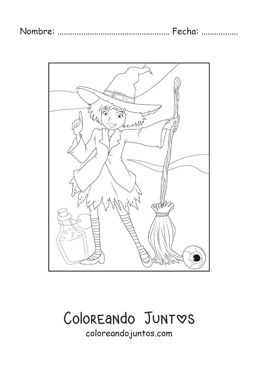 Imagen para colorear de brujita animada con escoba y pócima