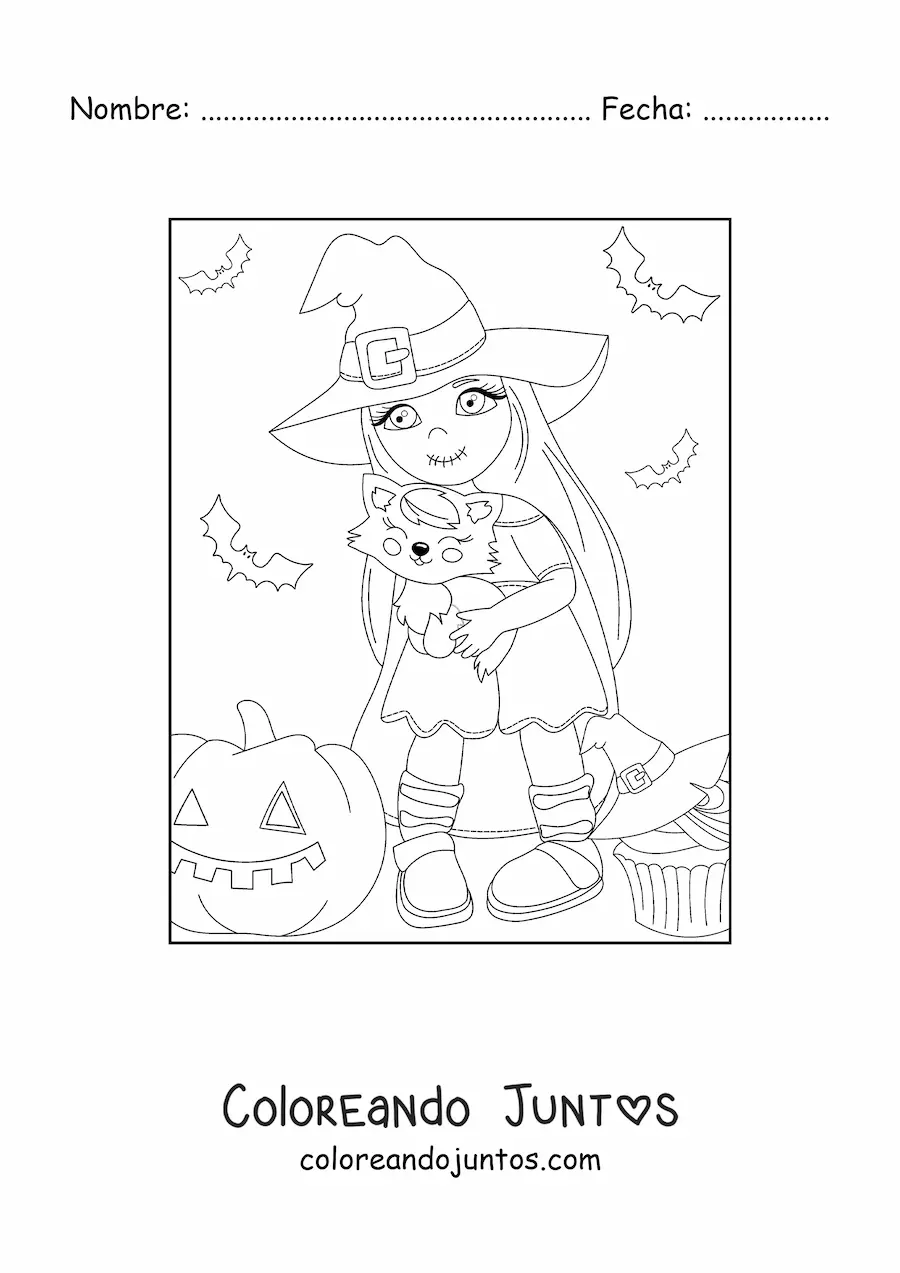 Imagen para colorear de brujita kawaii con gato y calabaza de Halloween