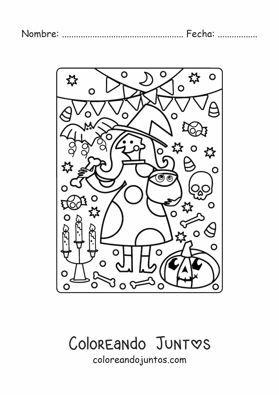 Imagen para colorear de bruja de caricatura en fiesta de Halloween