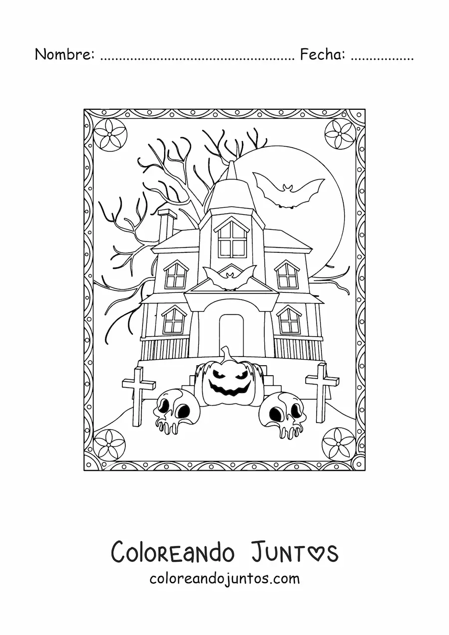 Imagen para colorear de casa embrujada de terror con calabaza de Halloween