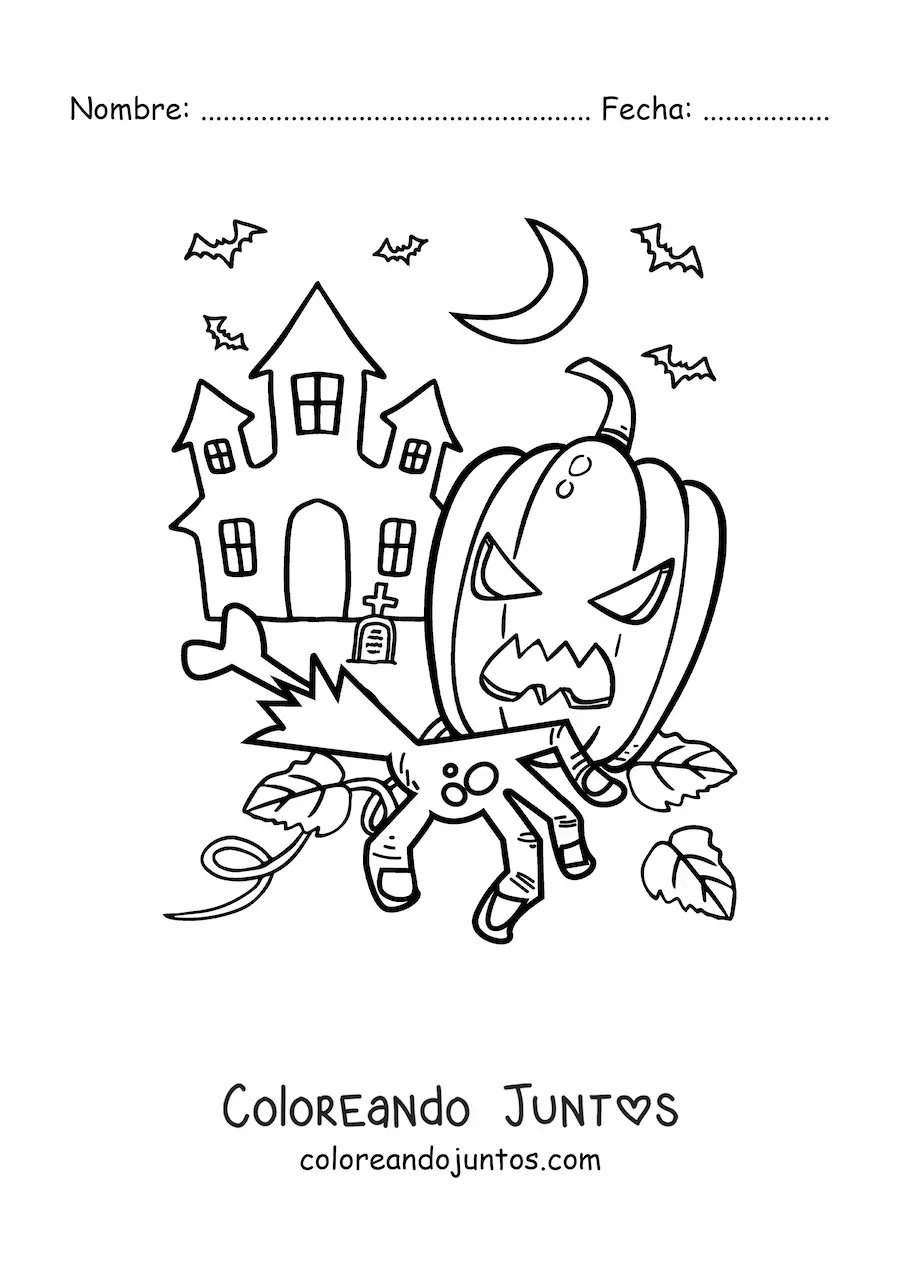 Imagen para colorear de casa encantada grande con calabaza de Halloween y murciélagos