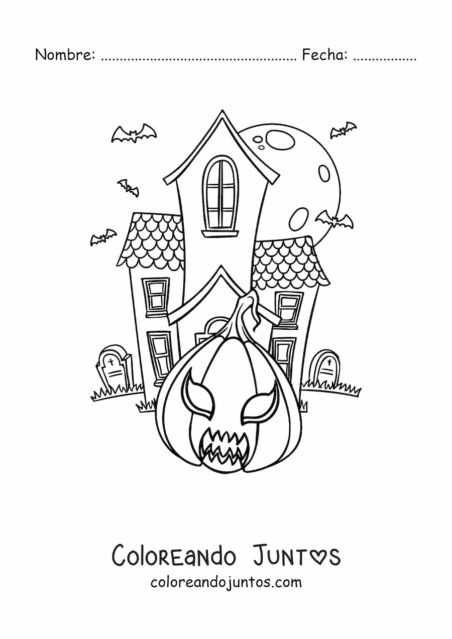 Imagen para colorear de casa embrujada grande con calabaza de Halloween y tumbas