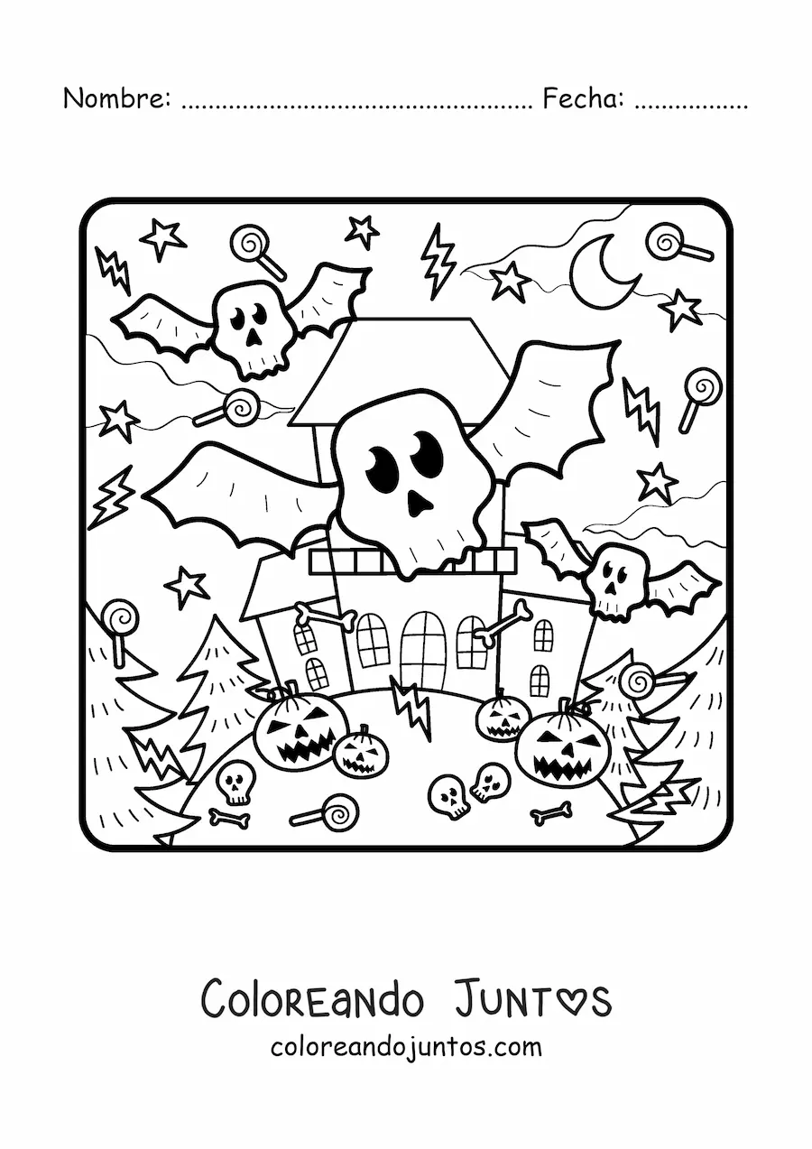 Imagen para colorear de mansión embrujada con monstruos y calabazas de Halloween