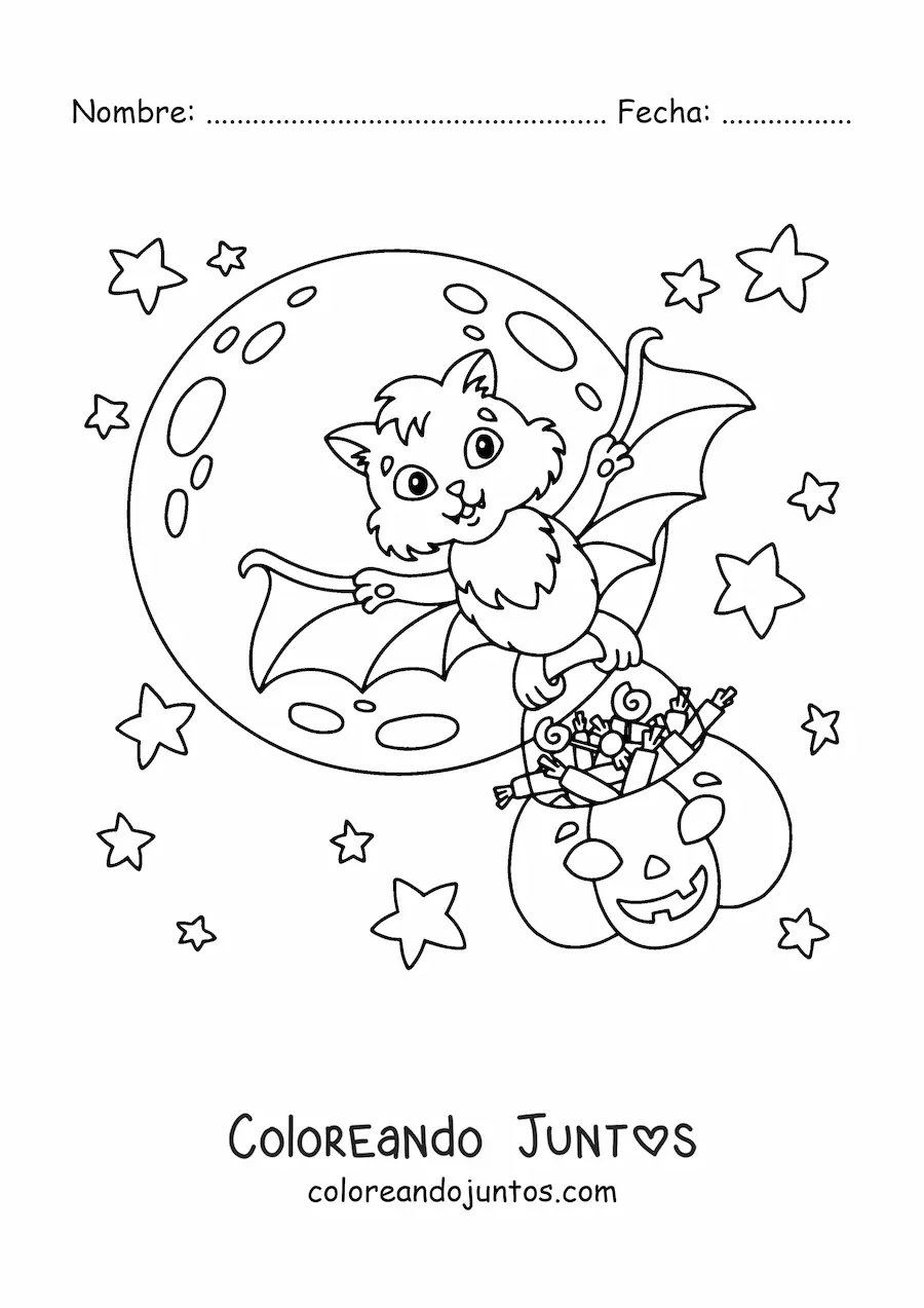 Imagen para colorear de murciélago kawaii con calabaza con dulces de Halloween