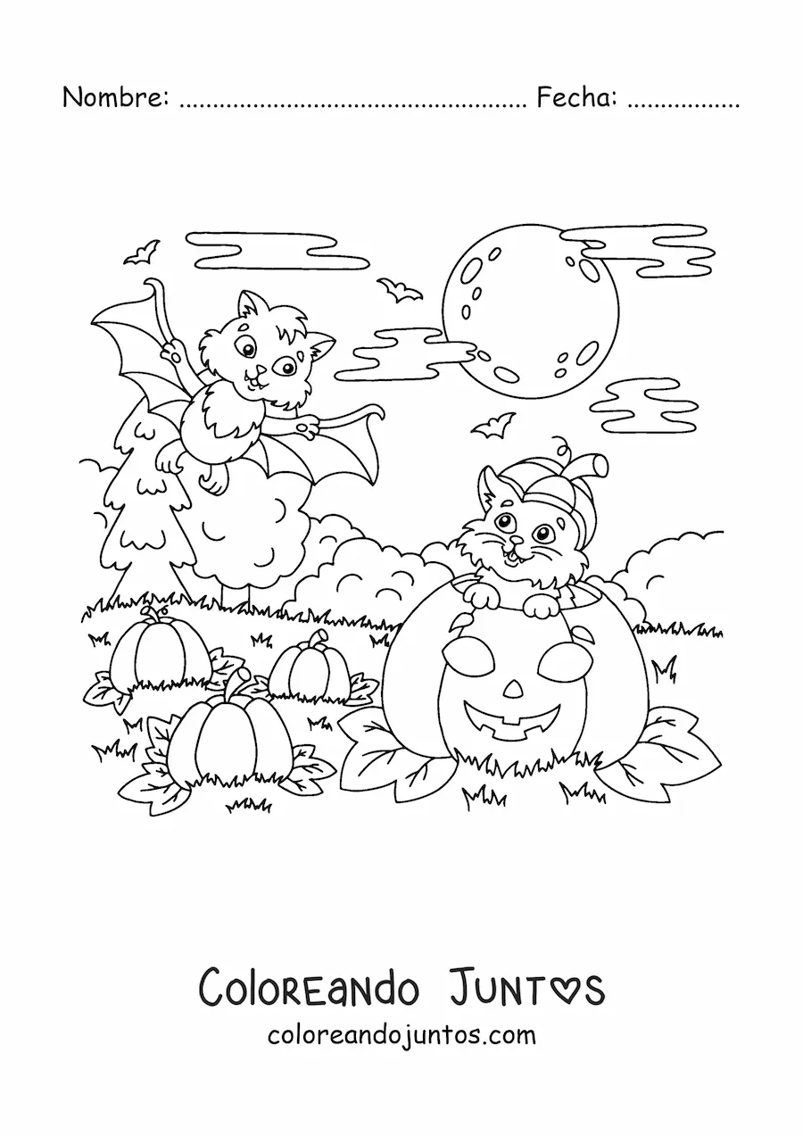 Imagen para colorear de murciélago kawaii con gato y calabaza de Halloween