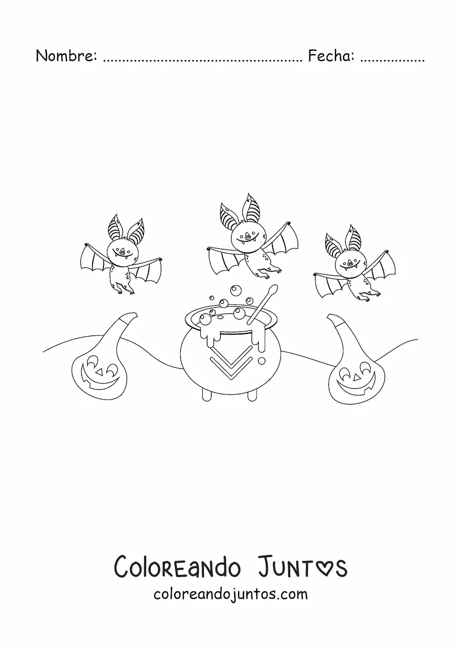 Imagen para colorear de murciélagos con caldero de bruja y calabaza de Halloween