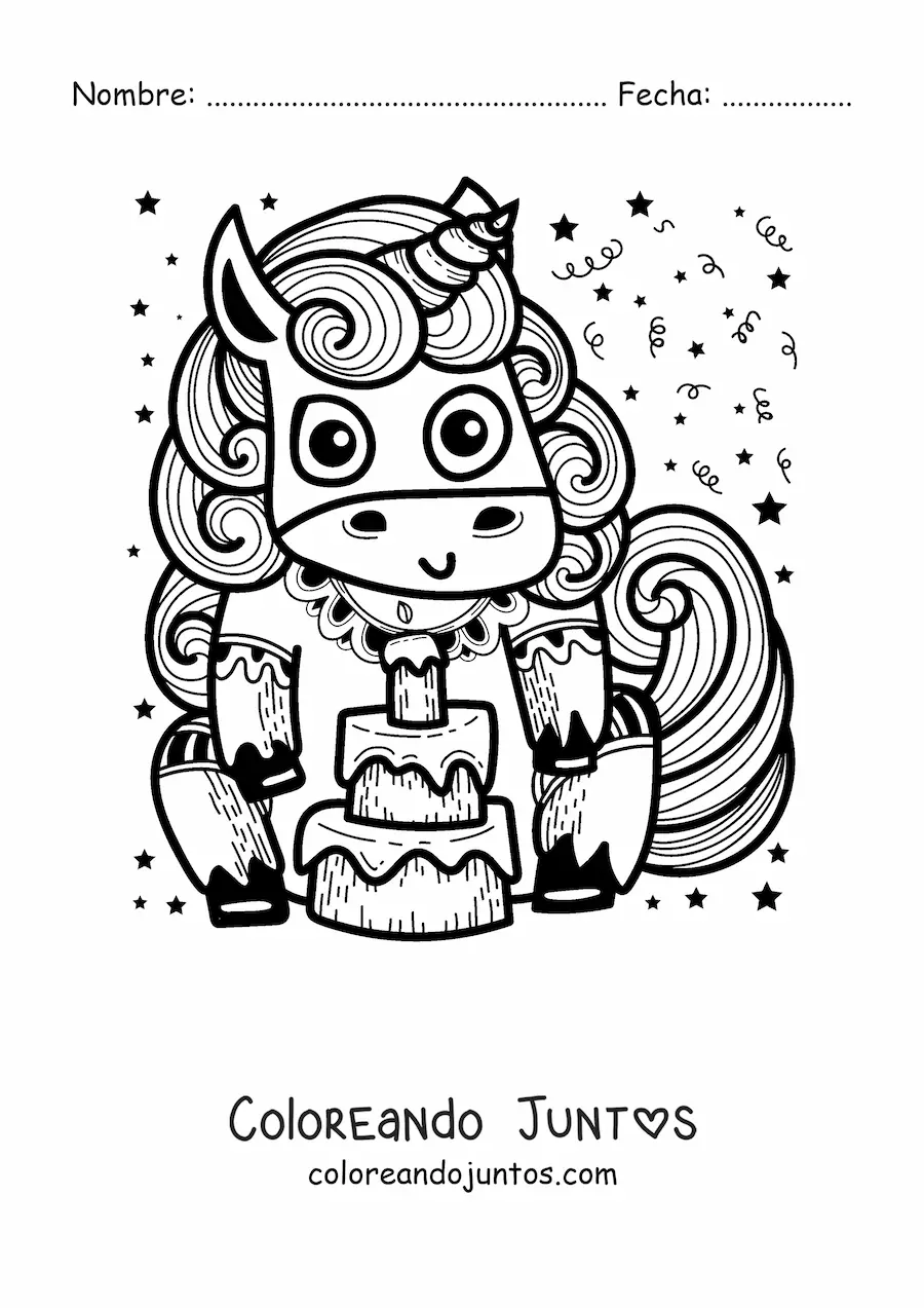 Imagen para colorear de un unicornio animado con un pastel de cumpleaños