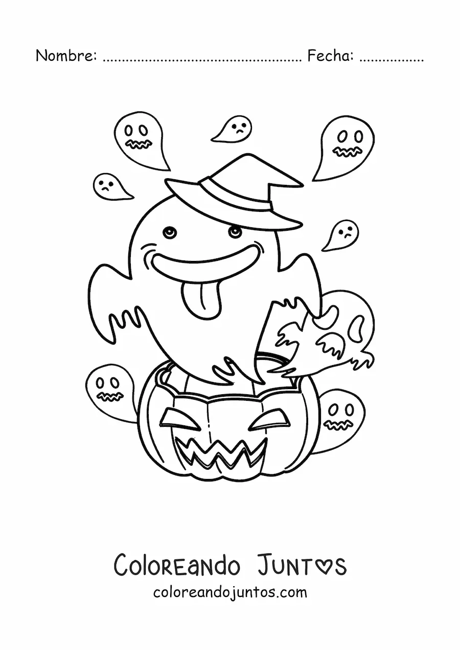 Imagen para colorear de fantasma animado con calabaza de Halloween