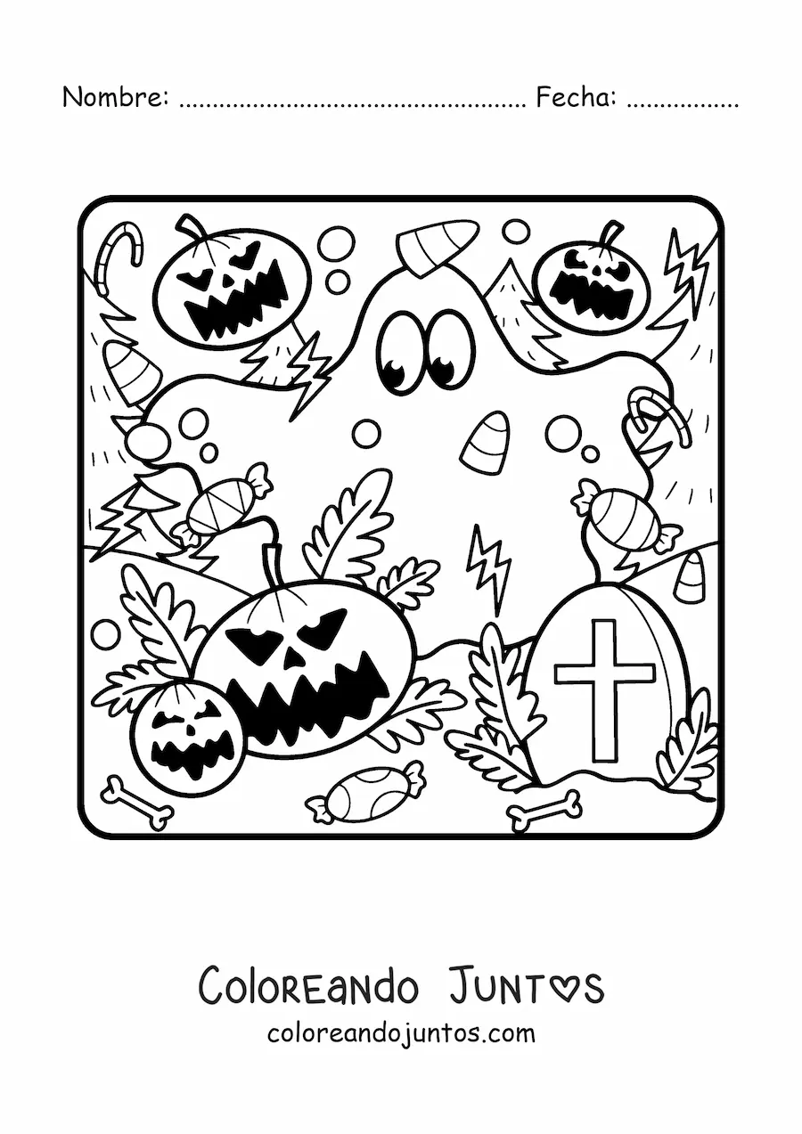 Imagen para colorear de fantasma divertido con calabazas de Halloween
