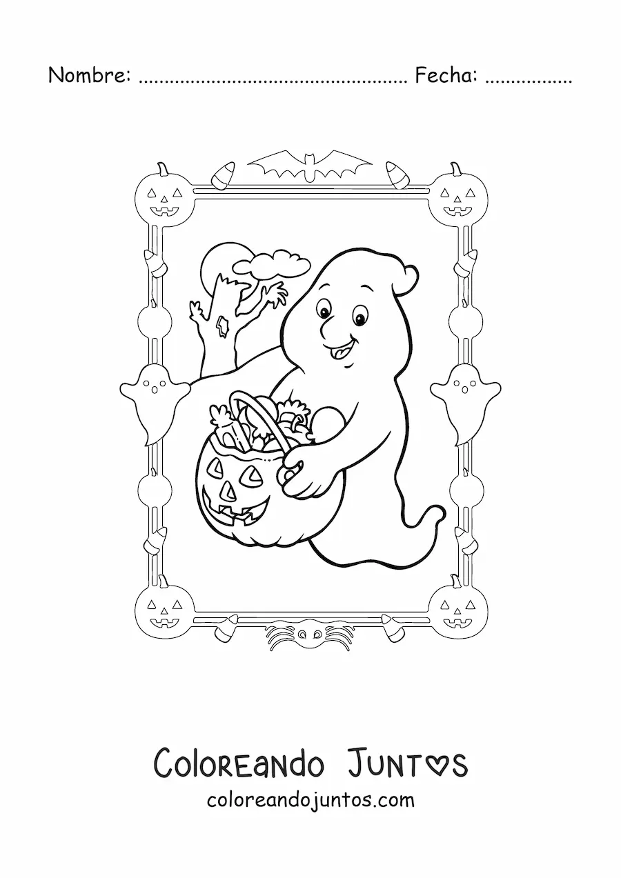 Imagen para colorear de fantasma de caricatura con dulces de Halloween