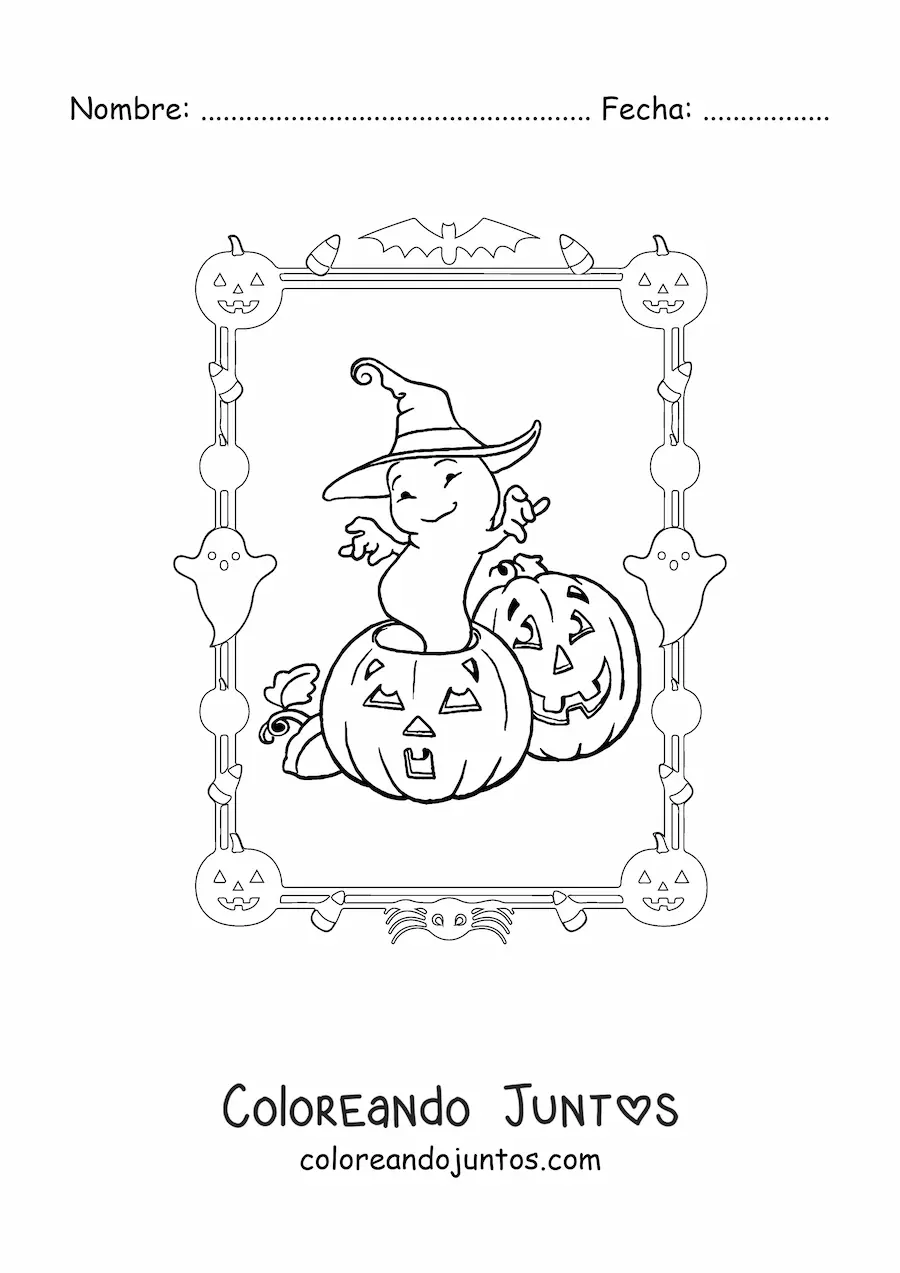Imagen para colorear de fantasma de caricatura con sombrero de bruja en Halloween