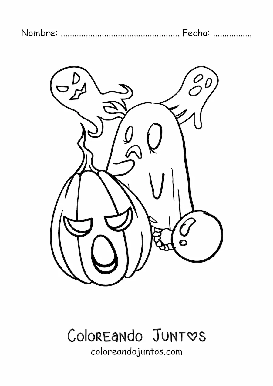 Imagen para colorear de fantasmas y niño disfrazado de fantasma en Halloween