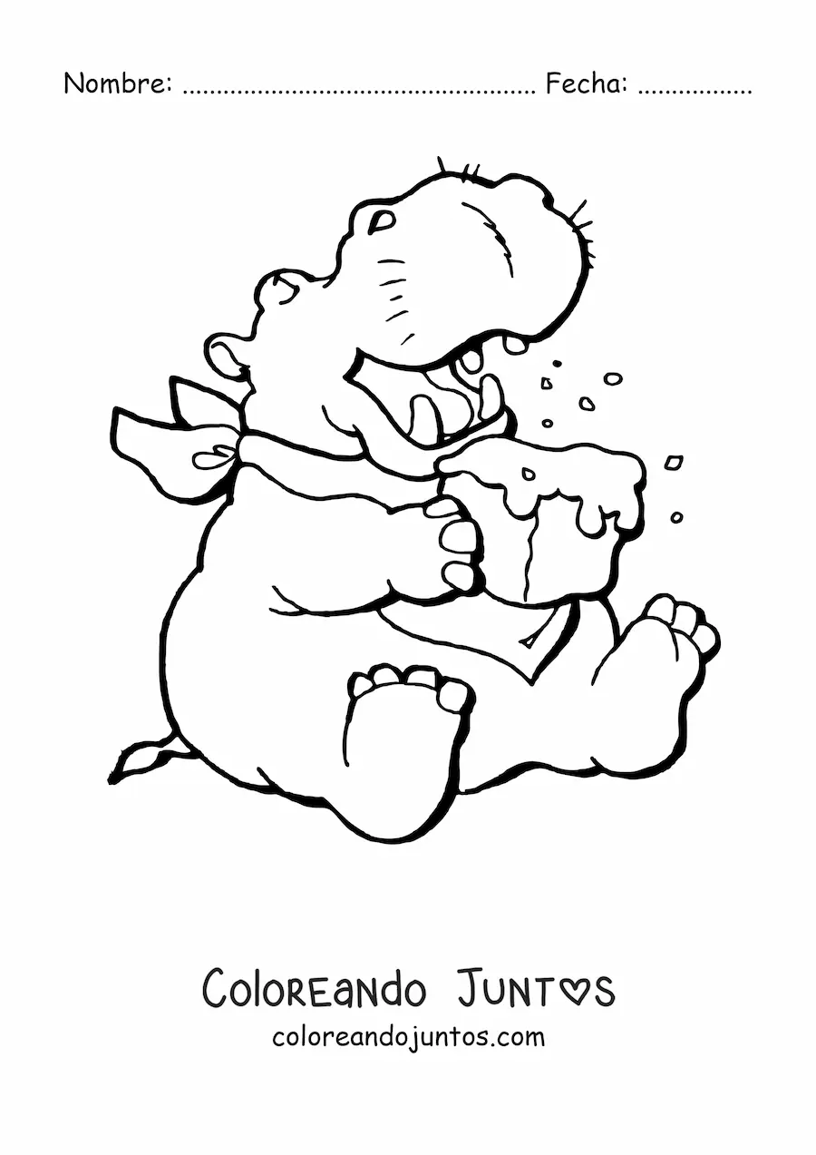 Imagen para colorear de un hipopótamo animado comiendo un pastel