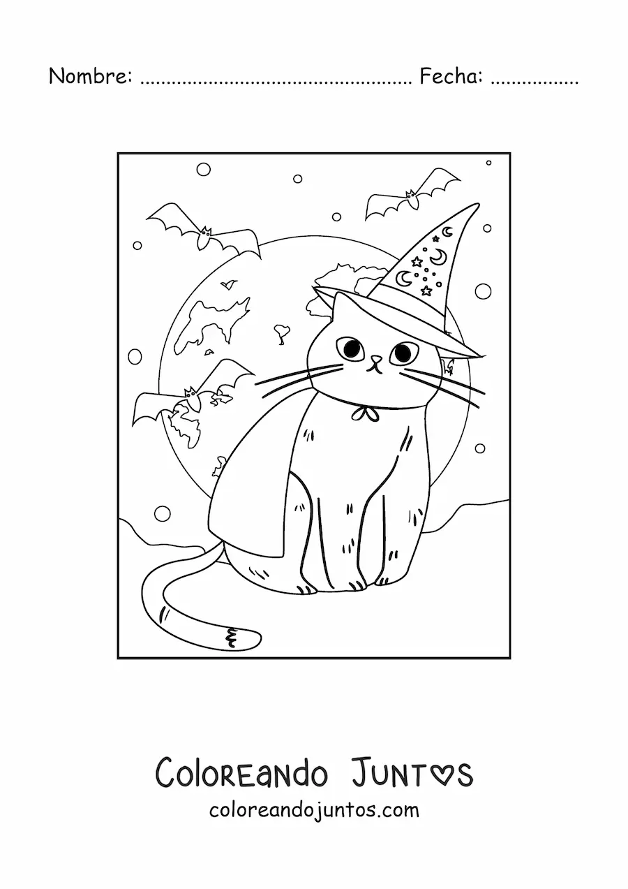 Imagen para colorear de gato kawaii con sombrero de bruja y murciélagos