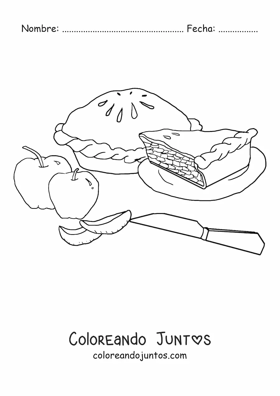 Imagen para colorear de un pie de manzana con dos manzanas y un cuchillo