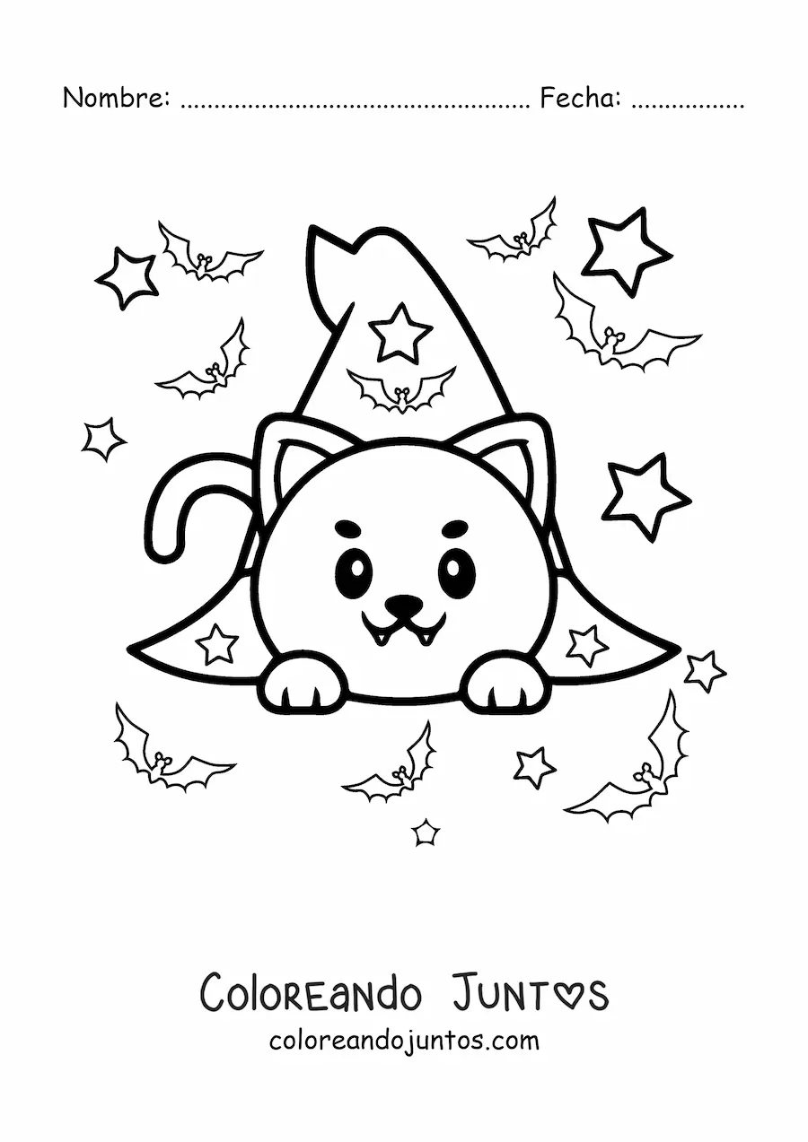 Imagen para colorear de gato kawaii en sombrero de bruja