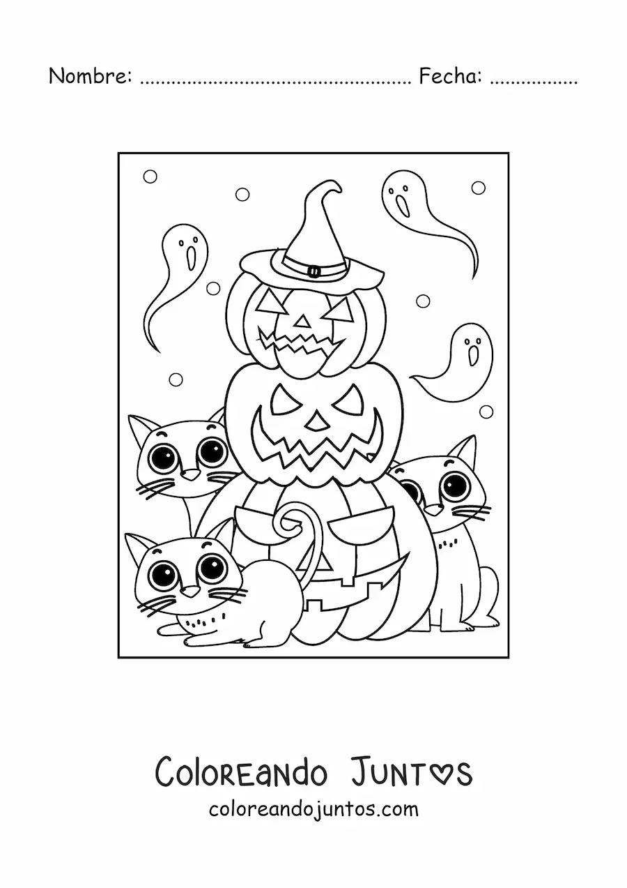 Imagen para colorear de gatitos kawaii con calabazas de Halloween