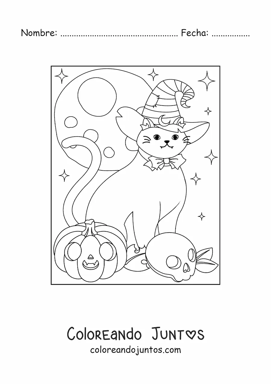 Imagen para colorear de gato kawaii con sombrero de bruja y calavera