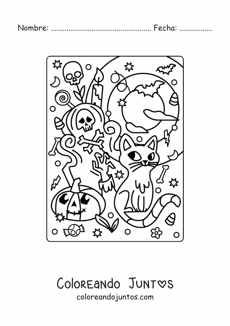 Imagen para colorear de gato animado con tumba y calabaza kawaii en Halloween