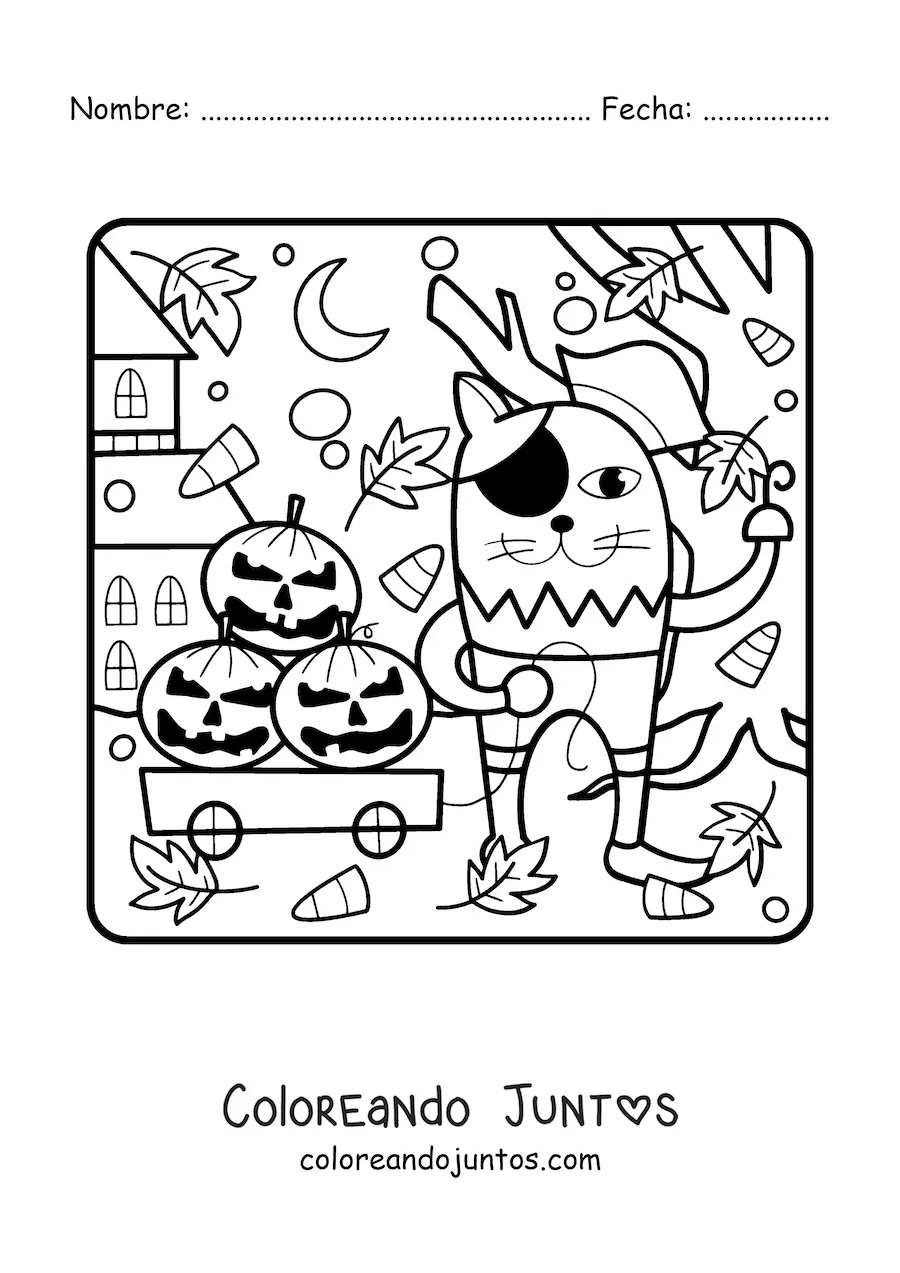Imagen para colorear de caricatura de gato con calabazas de Halloween