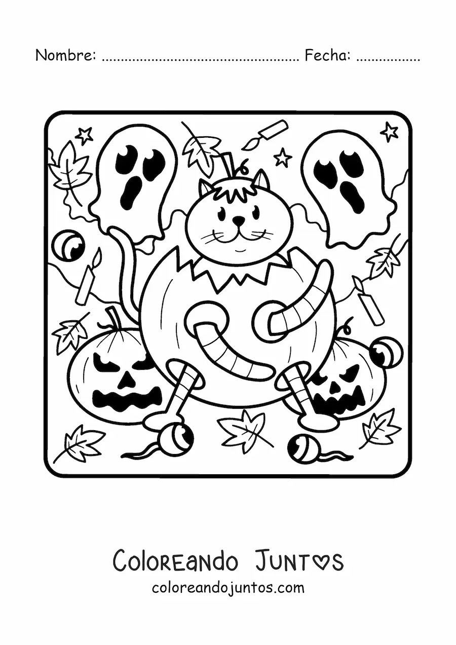 Imagen para colorear de caricatura de gato en una calabaza de Halloween con fantasmas