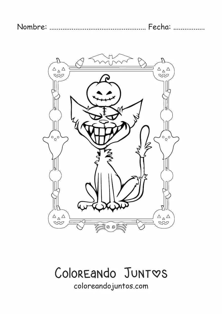 Imagen para colorear de caricatura de gato embrujado de Halloween