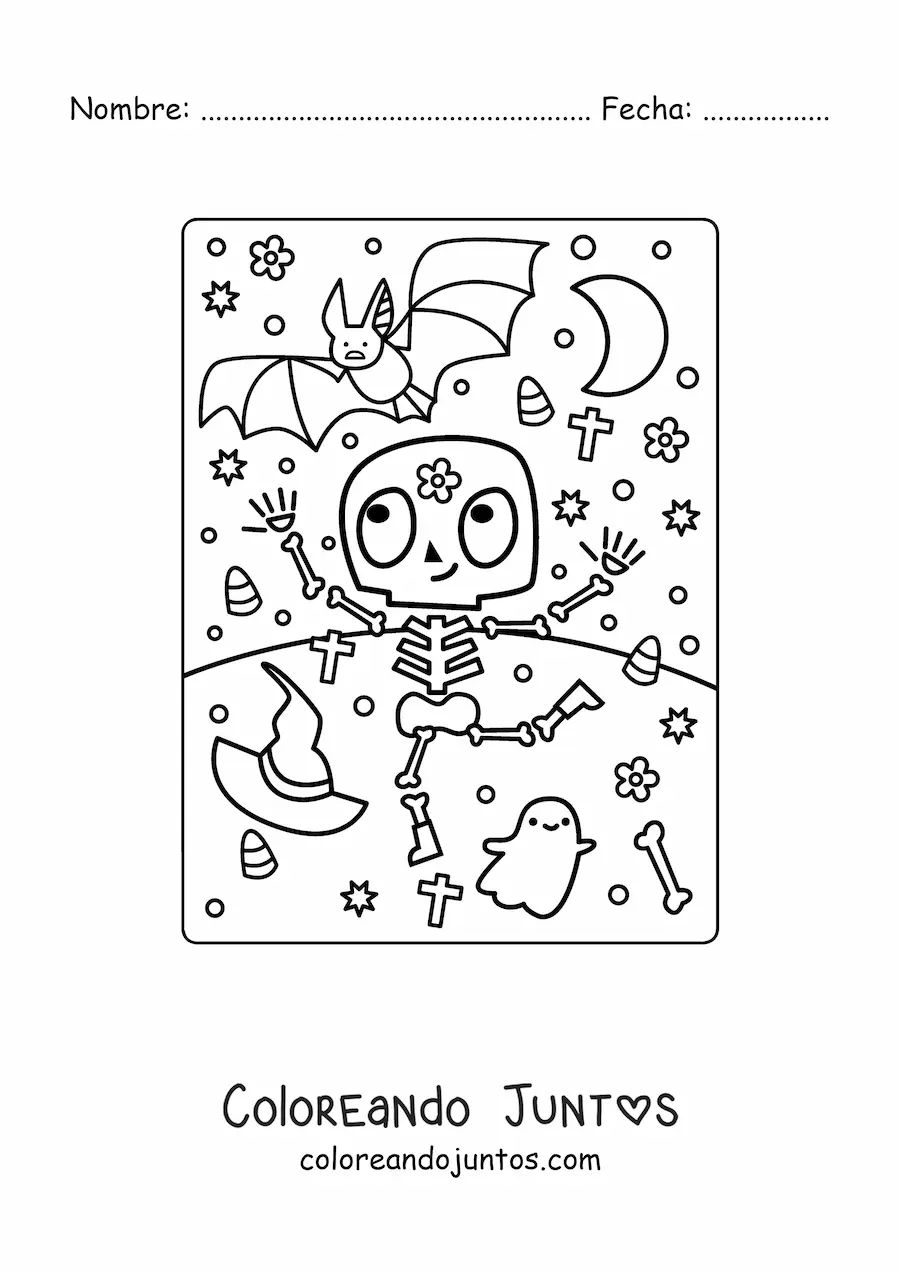 Imagen para colorear de esqueleto infantil bailando en Halloween