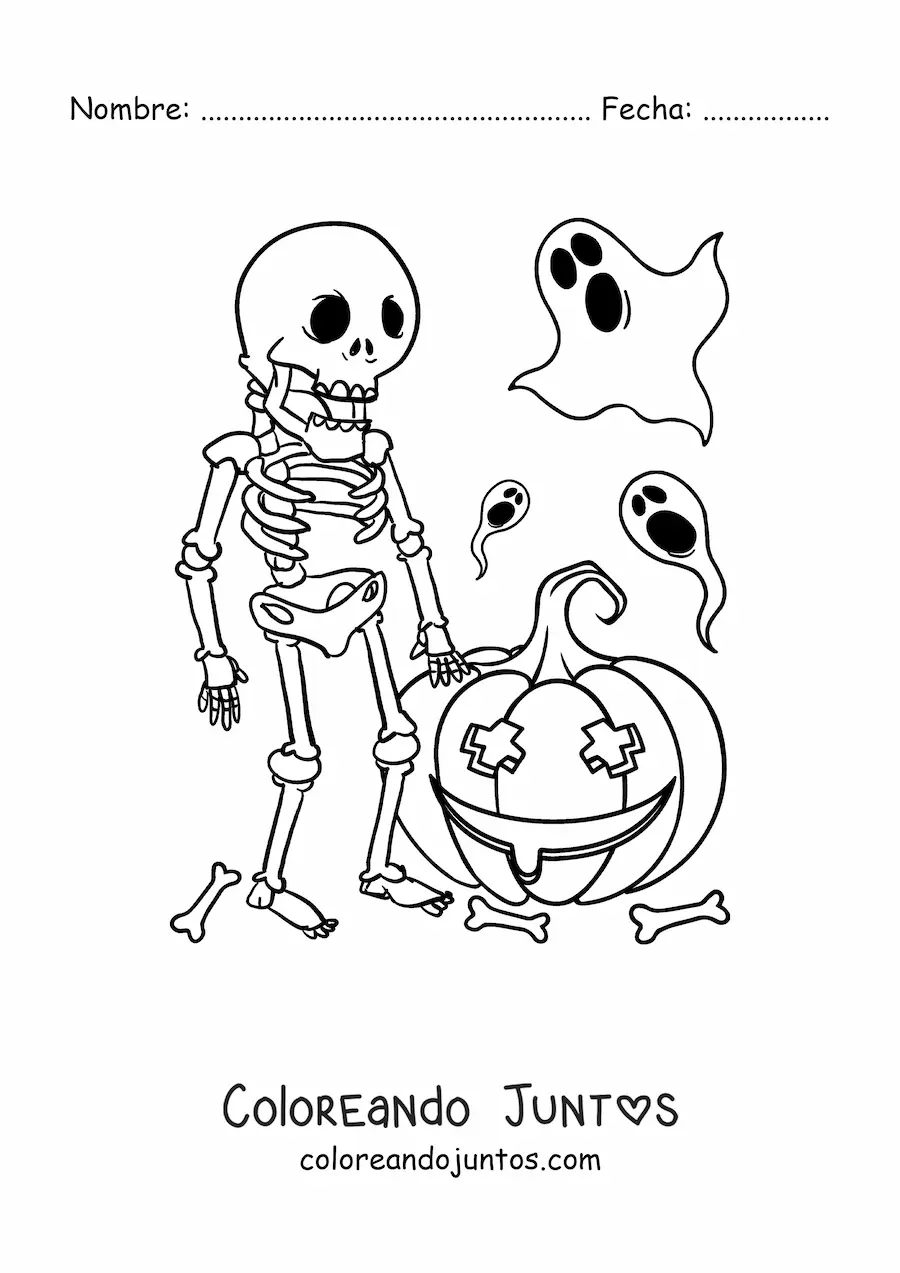 Imagen para colorear de esqueleto con fantasmas y calabaza de Halloween