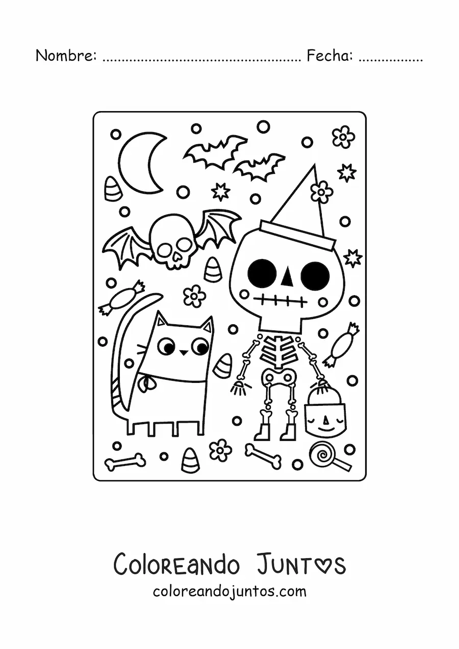 Imagen para colorear de esqueleto animado con dulces de Halloween