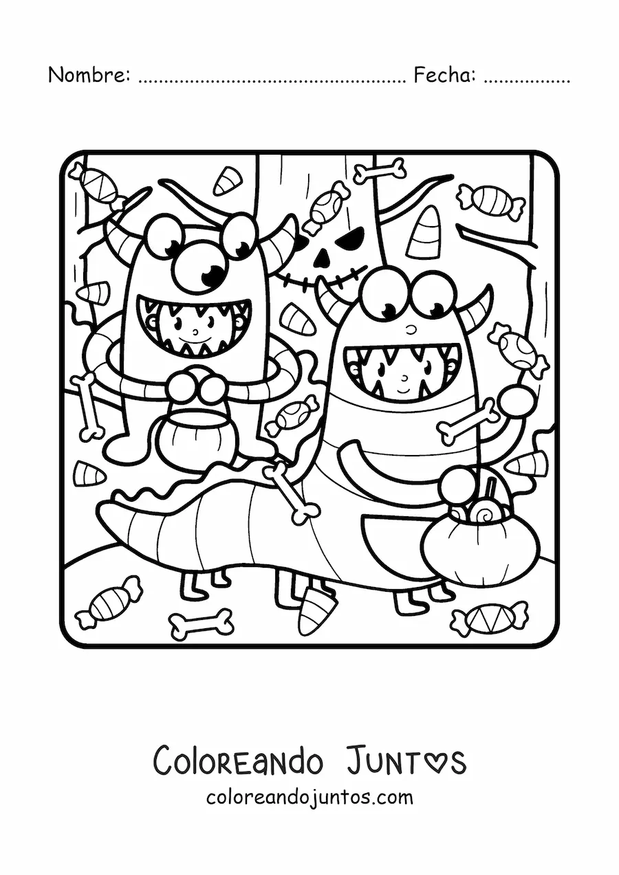 Imagen para colorear de niños disfrazados de monstruos en fiesta de Halloween
