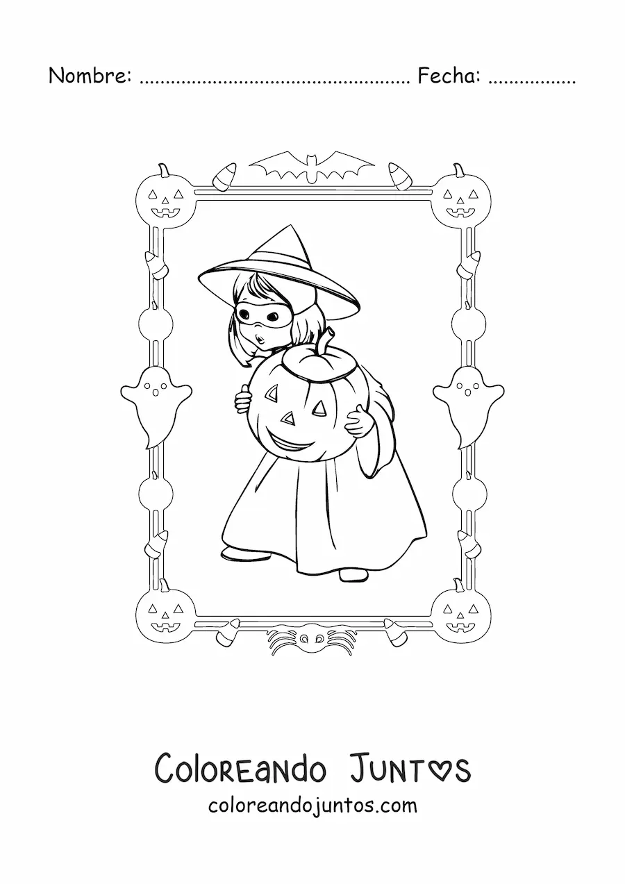 Imagen para colorear de niña con disfraz de bruja y calabaza de Halloween